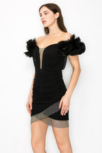 Black V-Neck Off Shoulder Mesh Metal Detail Mini Dress