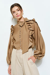Mocha Soft Wool Blouse With Bow Tie & Pearl Buttons
