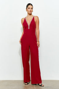 Burgundy Crystal Trim Deep V Cross Back Jumpsuit
