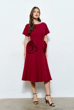 Burgundy Elegant Rose Applique A-line Midi Dress
