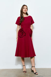 Burgundy Elegant Rose Applique A-line Midi Dress