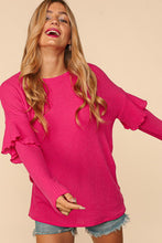 Fuchsia Drop Shoulder Ruffle Loose Fit Solid Knit Top