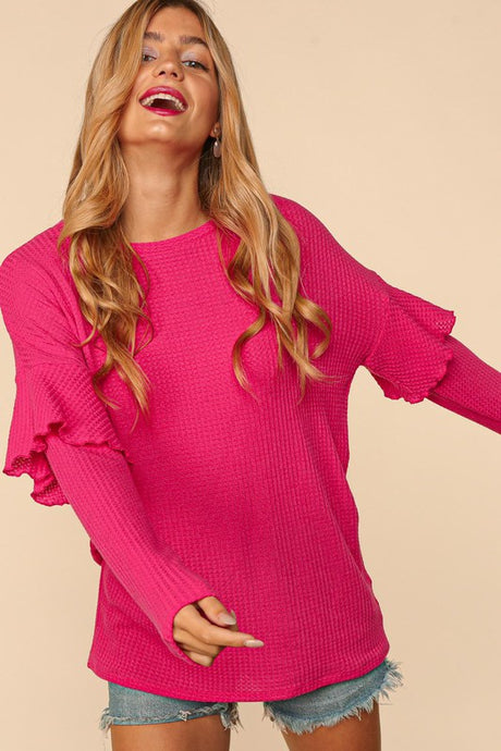 Fuchsia Drop Shoulder Ruffle Loose Fit Solid Knit Top