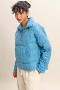 Ocean Blue Quilted Half Zip High Neck Pullover