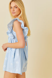 Light Blue Ruffle Shoulder Shirring Babydoll Romper