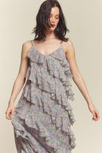 Sage Combo Floral Rufflr Spaghetti Strap Maxi Dress