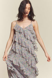 Sage Combo Floral Rufflr Spaghetti Strap Maxi Dress