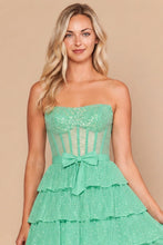 Mint Corset Tiered Glitter Mini Dress With Waist Bow