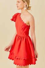 Red One Shoulder Scallop Edge Trim Solid Dress