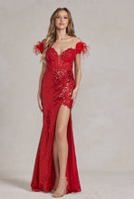 Red One-Shoulder Sequin Slit Long Evening Dress