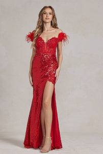 Red One-Shoulder Sequin Slit Long Evening Dress