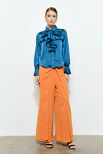 Teal Chic Satin Ruffled Jeweled Bell Sleeves Blouse Top