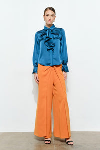 Teal Chic Satin Ruffled Jeweled Bell Sleeves Blouse Top