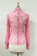 Pink Long Sleeve Mock Neck Butterfly Lace Blouse