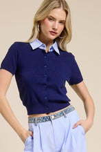 Navy Striped Collar Short Sleeve Knit Top