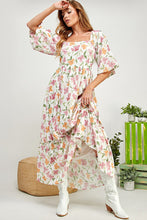 White Floral Barbie Flower Print Balloon Sleeve Tiered Dress