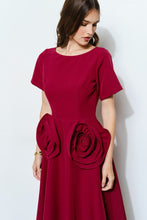 Burgundy Elegant Rose Applique A-line Midi Dress