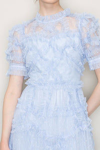 Lt.Blue Short Sleeves Dotted Tulle Ruffle Maxi Dress