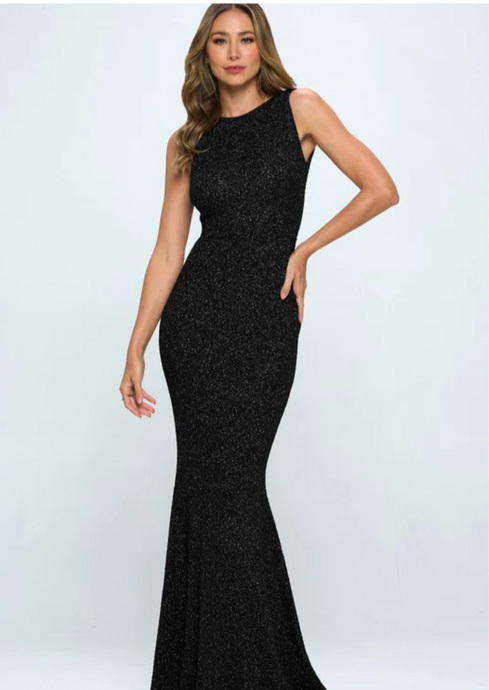 Black Bow Ruffle Glitter Maxi Dress
