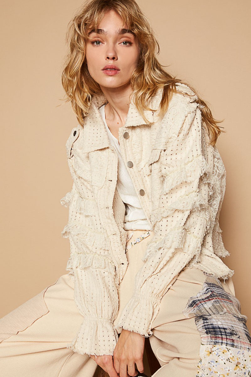 Cream Vintage Washed Lace Ruffle Solid Jacket