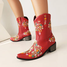 Red Embroidered Chunky Heel Boots