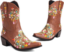 Brown Embroidered Chunky Heel Boots