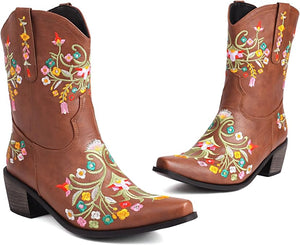 Brown Embroidered Chunky Heel Boots