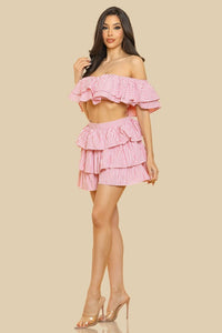 Pink Off-Shouldeer Ruffled Top With Matching Ruffle Bot