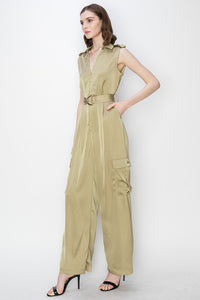 Olive Satin V-Neck Side Pockets Cargo Pants Jumpsuit