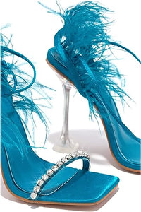 Blue Feather Lace-Up Heeled Sandals Strappy Slingback Open Square Toe Clear Heels For Women