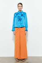 Teal Chic Satin Ruffled Jeweled Bell Sleeves Blouse Top