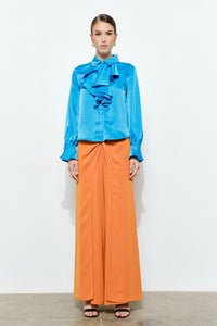 Teal Chic Satin Ruffled Jeweled Bell Sleeves Blouse Top