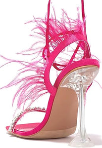 Fuchsia Feather Lace-Up Heeled Sandals Strappy Slingback Open Square Toe Clear Heels For Women