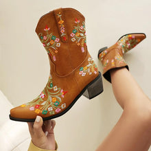 Yellow Embroidered Chunky Heel Boots