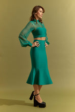 Emerald Green Bandage Crop Top Mesh And Fit Midi Skirt Set