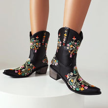 Black Embroidered Chunky Heel Boots