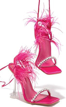 Fuchsia Feather Lace-Up Heeled Sandals Strappy Slingback Open Square Toe Clear Heels For Women
