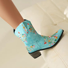 Blue Embroidered Chunky Heel Boots
