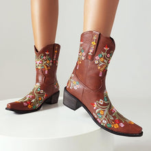 Brown Embroidered Chunky Heel Boots
