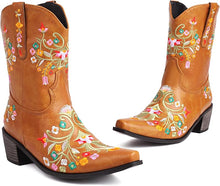 Yellow Embroidered Chunky Heel Boots