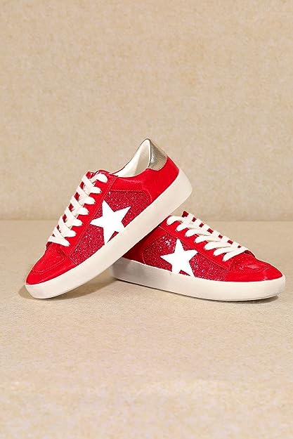 Red Rubber Sole Lace-Up Glitter Leather Star