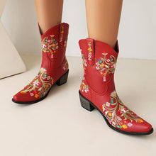 Red Embroidered Chunky Heel Boots