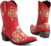 Red Embroidered Chunky Heel Boots