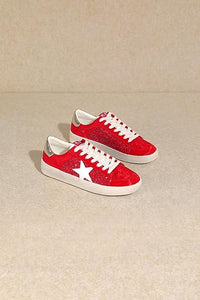 Red Rubber Sole Lace-Up Glitter Leather Star