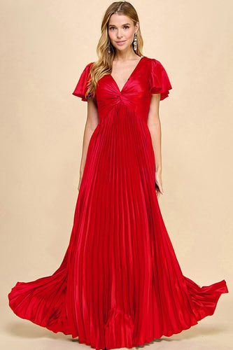 Red Short Sleeve Pleated Skirt Tie Back Maxi Dress