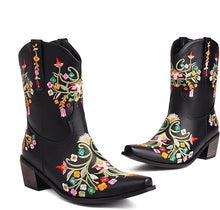 Black Embroidered Chunky Heel Boots