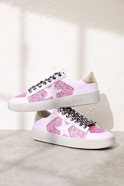 Pink Rubber Sole Lace-Up Glitter Leather Star