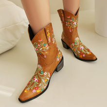 Yellow Embroidered Chunky Heel Boots