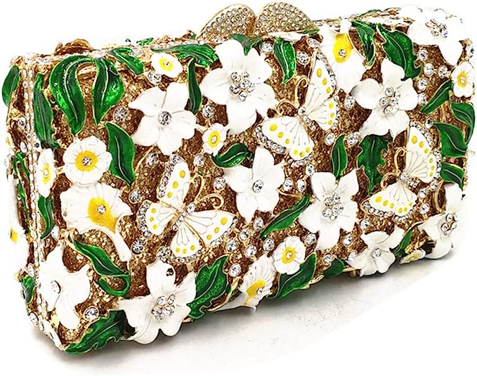 White Floral Rhinestone Evening Bag