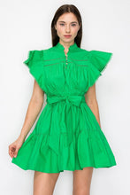 Green Cotton Flutter Sleeves Tiered Skirt With Belt Mini